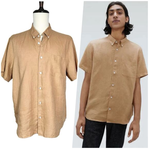 Everlane | Men | 100% Linen Neutral Camel Resort SS Button Down Shirt | XL - Picture 1 of 12